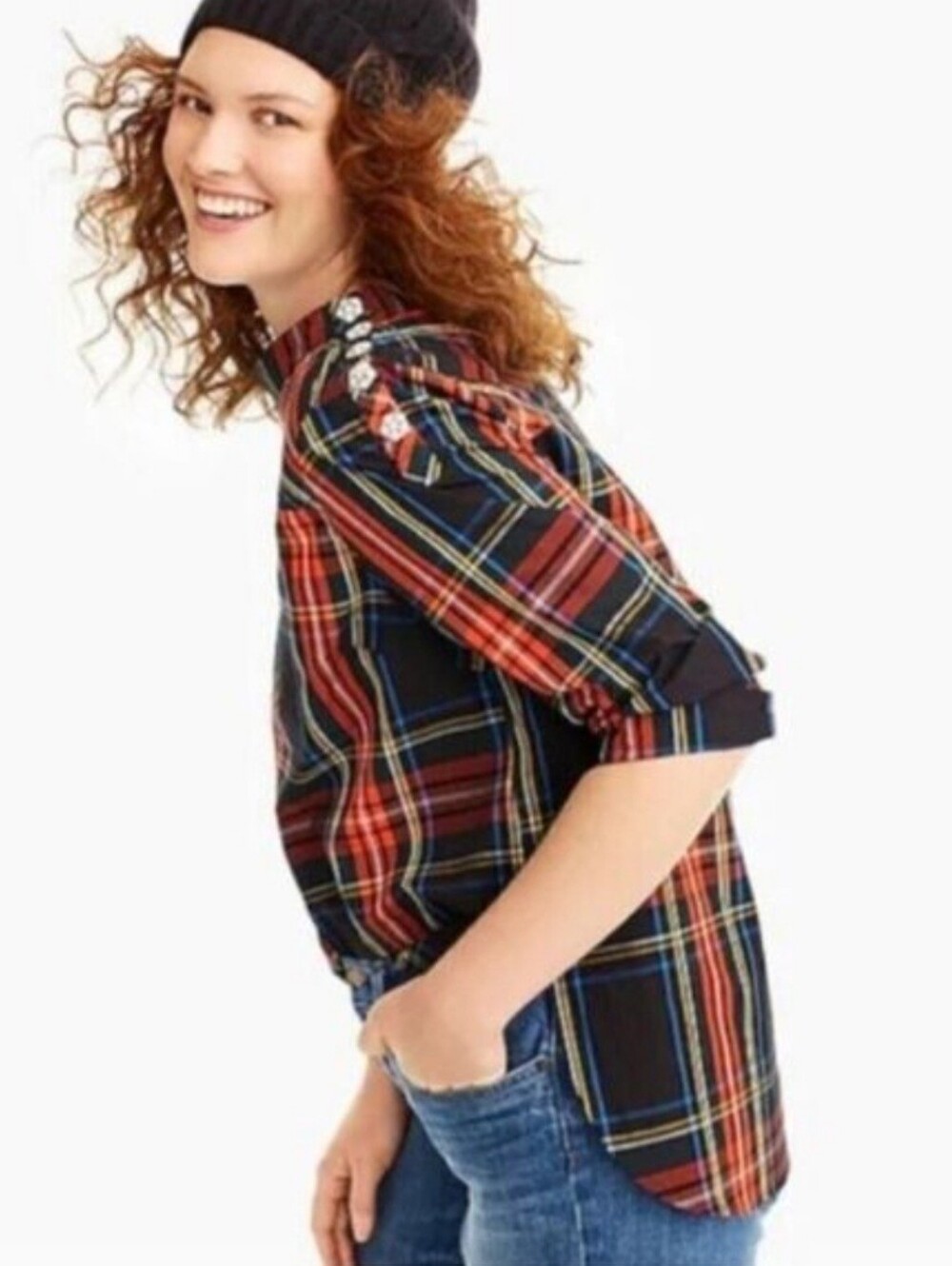 J CREW Shirt Tartan blue and red plaid with shoulder rhinstones Christmas Size 6